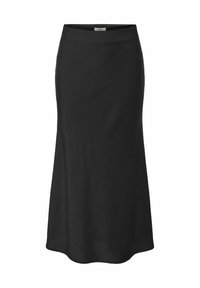 Jupe noire, longueur genou, avec un design fluide. Fabriquée en tissu lisse avec une texture subtile et une taille large simple.