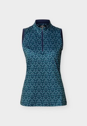 Bezrekawnik golfowy z granatowo-turkusowym wzorem w diamenty, z przodu zamek błyskawiczny i wysoki kołnierz.