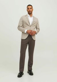 Blazer a rayas beige con un solo botón, camisa blanca, pantalones marrones y mocasines negros. Tejido suave con ajuste a medida.