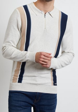 Homme portant un pull zippé gris clair avec des rayures verticales bleu marine et beige, associé à un jean bleu foncé.