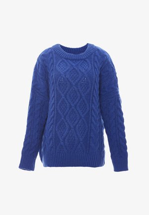 Maglione blu lavorato a maglia con un design a treccia testurizzato, polsini e collo a costine, dalla vestibilità ampia e spessore medio.