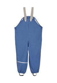 Blue waterproof overalls with adjustable beige straps, elastic cuffs, reflective stripe, and strap clips at the feet. Smooth texture.