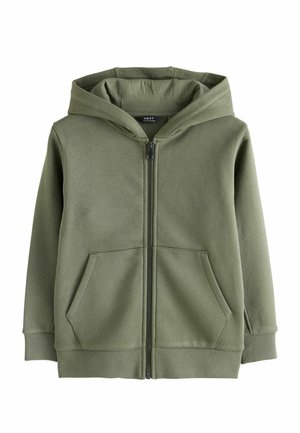 Green zip-up hoodie with hood, front pockets, and ribbed cuffs and hem, laid flat on a white background.