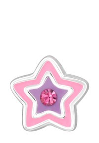 Charm a forma di stella con smalto rosa e viola stratificato e un gemstone rosa centrale. Racchiuso da un bordo argento lucido.
