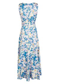 Blumendruckkleid mit tailliertem Oberteil, rundem Ausschnitt und ausgestelltem Rock. Die Farben umfassen Blau, Lila, Gelb und Weiß, mit einer glatten Textur.