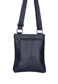 Borsa a tracolla in pelle blu navy con superficie testurizzata, dotata di tasca anteriore con zip e tracolla in tessuto regolabile.