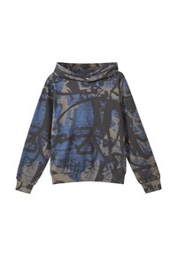 Felpa con cappuccio a maniche lunghe con base grigia, motivo astratto in stile graffiti blu e nero, polsini e vita a coste.