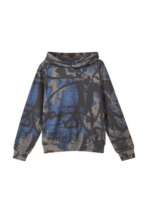 Kapuzensweatshirt mit langen Ärmeln, grauem Grundton, blauem und schwarzem, abstraktem Graffiti-Muster, gerippten Bündchen und Taillenbund.