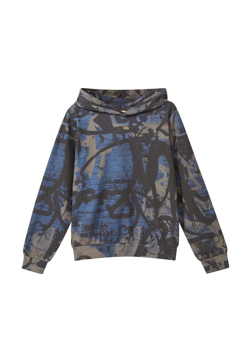Felpa con cappuccio a maniche lunghe con base grigia, motivo astratto in stile graffiti blu e nero, polsini e vita a coste.
