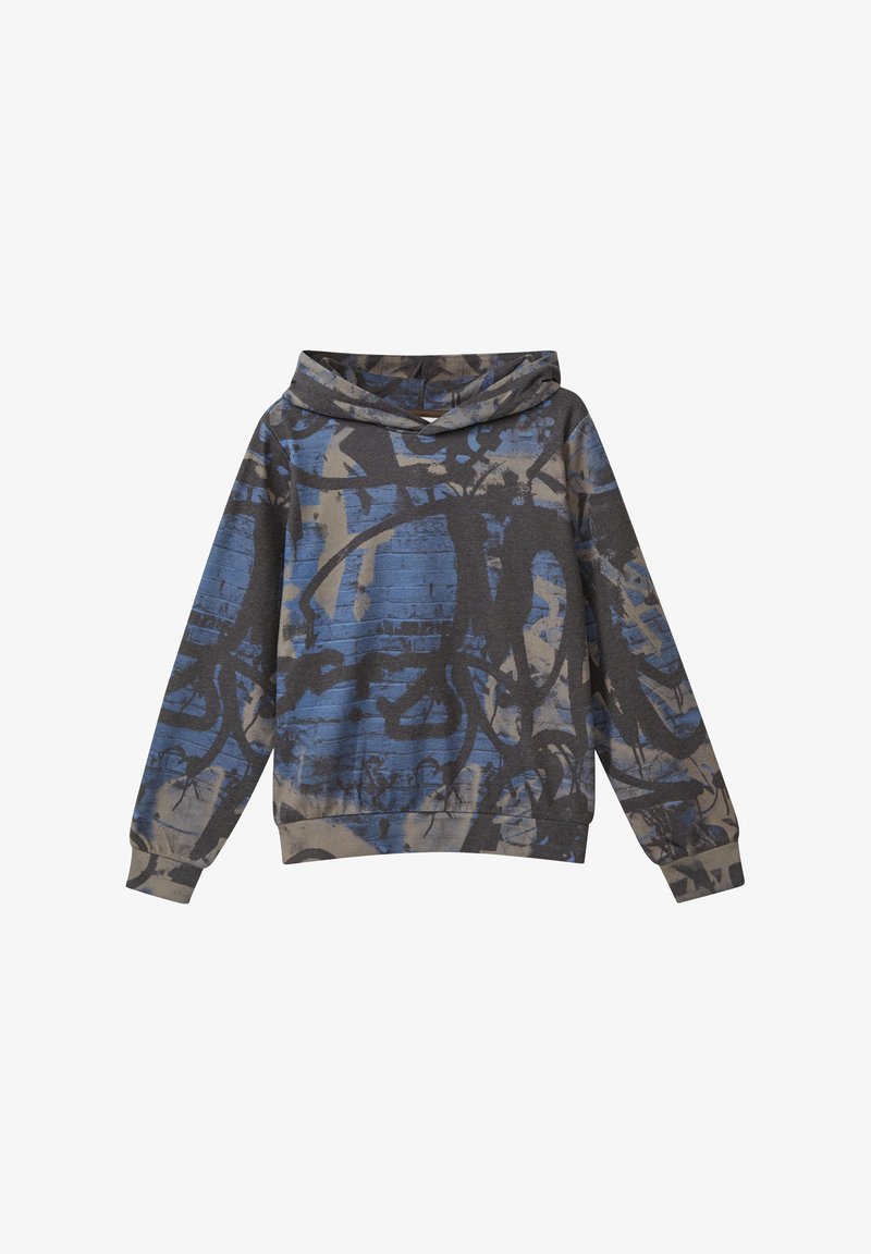 Felpa con cappuccio a maniche lunghe con base grigia, motivo astratto in stile graffiti blu e nero, polsini e vita a coste.