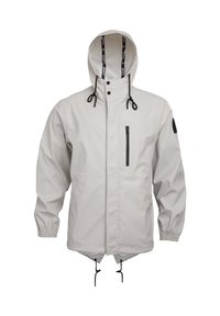 Lichtgrijze waterdichte jas met een capuchon, elastische manchetten en verstelbare trekkoorden. Heeft een ritszak op de borst en een logo patch.