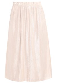 Vaalea beige pliseerattu midi-hame, jossa on joustava vyötärö ja hienovarainen kiiltävä pinta, esitetty valkoista taustaa vasten.