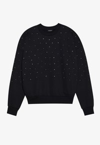 Sudadera negra con cuello redondo, mangas largas y adornos plateados dispersos en la parte frontal. Puños y dobladillo acanalados.