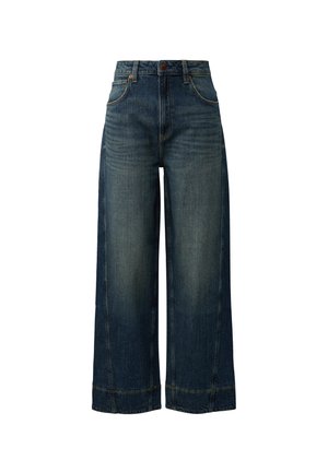 Wijduitlopende denim jeans in donkerblauw, met een hoge taille, voorkruiden en een nette zoomafwerking. De stof toont subtiele vervaging.