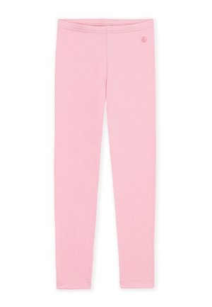 Leggings rose clair, longueur totale, coupe près du corps et taille élastique lisse, avec un petit logo près de la hanche droite.