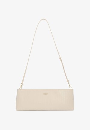 Bež pravokotna torbica za ramo z nastavljivim pasom in zlato kovinsko opremo, z majhnim vtisnjenim imenom znamke "kazar" na sredini.