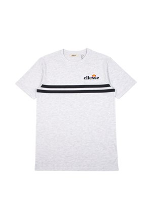 T-shirt gris clair à manches courtes avec deux bandes horizontales noires sur la poitrine et le logo « ellesse » en noir et orange sur le côté gauche.