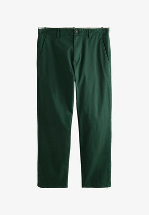 Zelené nohavice s rovnými nohavicami, prednými vreckami, pútkami na opasok a zapínaním na gombík a zips, zobrazené na bielom pozadí.