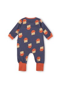 Navy long-sleeve romper with red cuffs, featuring a repeated pattern of bears in orange hats and yellow bodies, made from soft fabric.