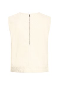 Gilet sans manches blanc cassé avec une fermeture éclair au dos et un motif en relief subtil le long de l'ourlet inférieur.