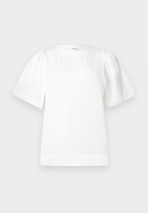 T-shirt blanc à manches courtes avec un col rond, doté de manches bouffantes et d'une texture en coton lisse. Design simple, sans motifs ni accents.