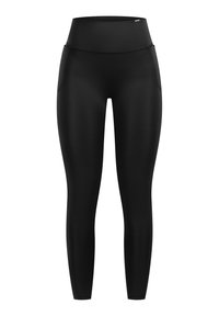 Zwarte high-waisted legging van soepel, rekbaar materiaal met zijzakken en een naadloos ontwerp voor comfort en flexibiliteit.