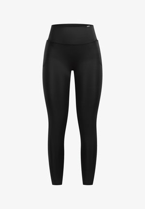 Leggings noirs taille haute en matériau lisse et extensible, dotés de poches latérales et d'un design sans coutures pour un confort et une flexibilité optimaux.
