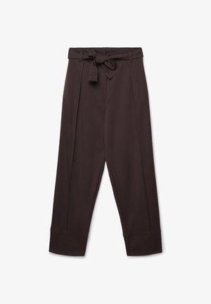 Brown, high-waisted trousers with a fabric tie belt. Features pleats at the front and tapered legs with cuffed hems. Smooth texture.