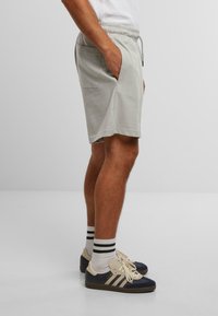 Shorts griș deschis cu talie elastică și șnur, dotate cu buzunare laterale și o textură netedă. Purtați cu adidași negri și șosete cu dungi.