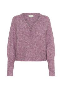 Cardigan tricotat moale în nuanță de roz deschis, cu decolteu în V, mâneci lungi, manșete dantelate și tiv dantelat.