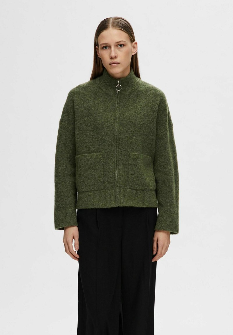 Selected Femme SLFSIA ZIPPER CARDIGAN - Strickjacke - olivine