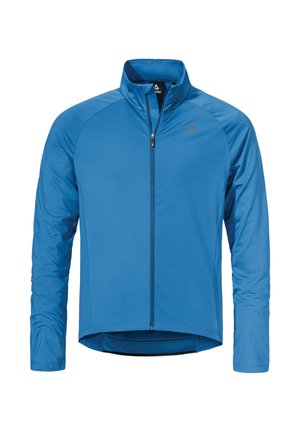 Blaues Sportjacke aus leichtem, feuchtigkeitsableitendem Material. Verfügt über einen durchgehenden Reißverschluss, einen Stehkragen und lange Ärmel mit einer taillierten Passform.