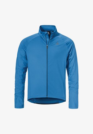 Blaues Sportjacke aus leichtem, feuchtigkeitsableitendem Material. Verfügt über einen durchgehenden Reißverschluss, einen Stehkragen und lange Ärmel mit einer taillierten Passform.