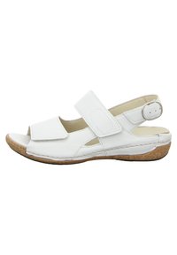 White leather sandal with adjustable Velcro straps, open toe, and cork-like sole. Shaped for comfort with cut-out details on the sides.