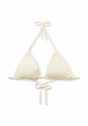 Krämfärgad triangeltopp i bikini med texturerad tyg. Har justerbara snören i nacken och bak för en säker passform.