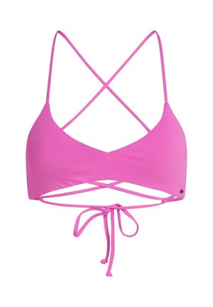 Haut de bikini rose avec un design dos croisé. Comprend des bretelles fines et une fermeture à nouer dans le dos. Tissu lisse et extensible.