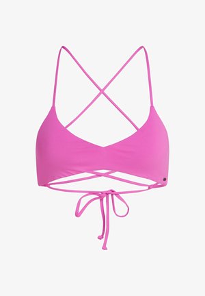 Haut de bikini rose avec un design dos croisé. Comprend des bretelles fines et une fermeture à nouer dans le dos. Tissu lisse et extensible.