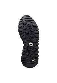 Suela de zapato de goma negra con un patrón texturizado que presenta tacos en forma de estrella, ranuras horizontales y un logo impreso con números.