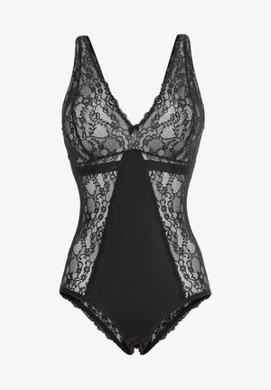 Bodysuit noir avec un superposé en dentelle, décolleté en V et bords festonnés. Présente des motifs floraux et un détail de nœud central.