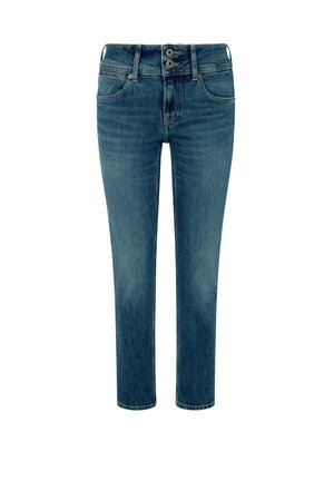 Blauwe denim jeans met een rechte snit, sluiting met twee knopen, vijf zakken en een lichte vervaging aan de voorkant. Ontwerp met een middelhoge taille.