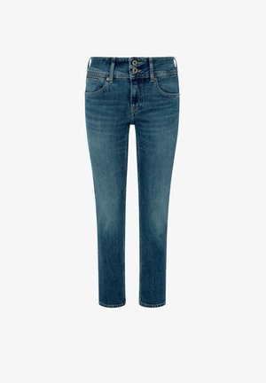 Jeans in denim blu con una vestibilità dritta, chiusura a due bottoni, cinque tasche e leggera scoloritura sulla parte frontale. Design a vita media.