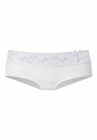 Sous-vêtements blancs avec une taille en dentelle, ornés de motifs floraux, avec un accent en nœud sur le côté et une texture lisse dans l'ensemble.