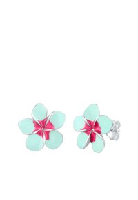 Silberne blütenförmige Ohrringe mit mintgrünen Blütenblättern und rosa Akzenten in der Mitte, entworfen für das Tragen als Ohrstecker.