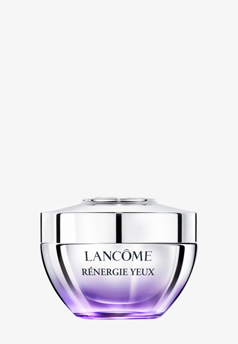 Pot de crème Lancôme Rénergie Yeux argenté et violet avec un couvercle réfléchissant, centré sur un fond blanc.