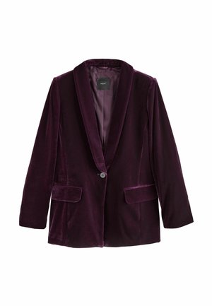 Dark purple velvet blazer with shawl collar, single-button closure, and two front flap pockets, displayed on white background.