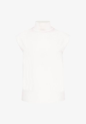 Weißes ärmelloses Rollkragenoberteil aus einem glatten Strickstoff, mit einem gerippten Halsausschnitt und Saum, in lässiger, kastiger Form.