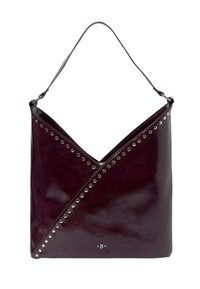Dark burgundy leather handbag with wide shoulder strap, silver studs forming a V shape, and a small embossed star and "B" logo at the bottom center.