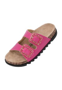 Pink slide sandal with two wide straps, featuring square gold chain accents, a cork footbed, and a black rubber outsole with scalloped edges.