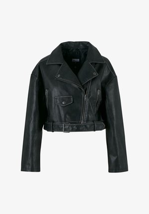 Veste de moto en cuir noire, crop, avec des revers larges, fermeture éclair sur le devant, deux poches zippées et une taille ceinturée. Texture lisse, design décontracté.