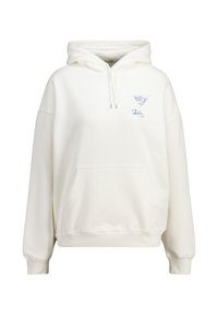 White hoodie made of soft fabric, featuring a front pocket and a blue martini glass graphic on the left chest area. Adjustable hood.
